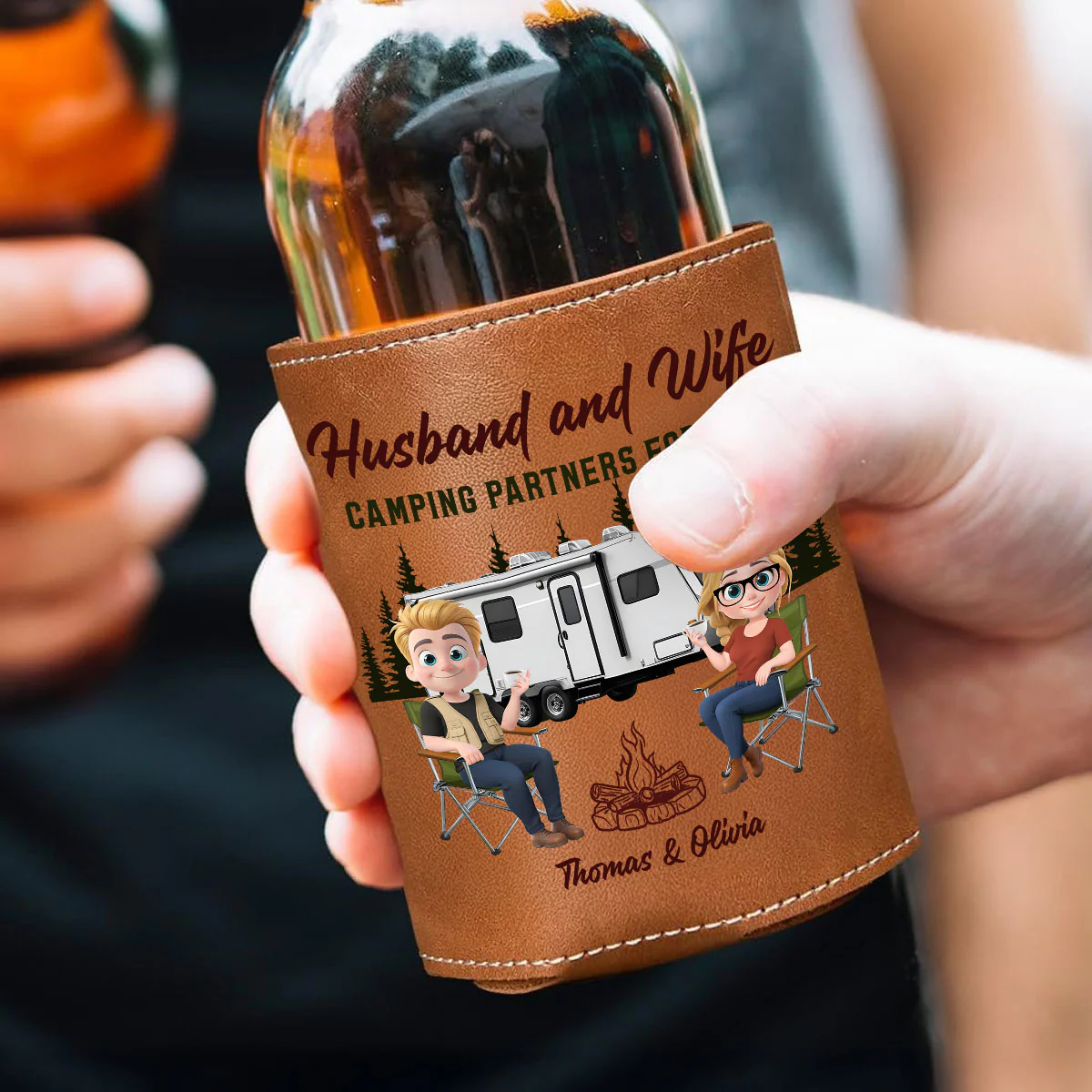 Camping Together For Life - Personalized Custom Leather Can Cooler Holder - Image 2