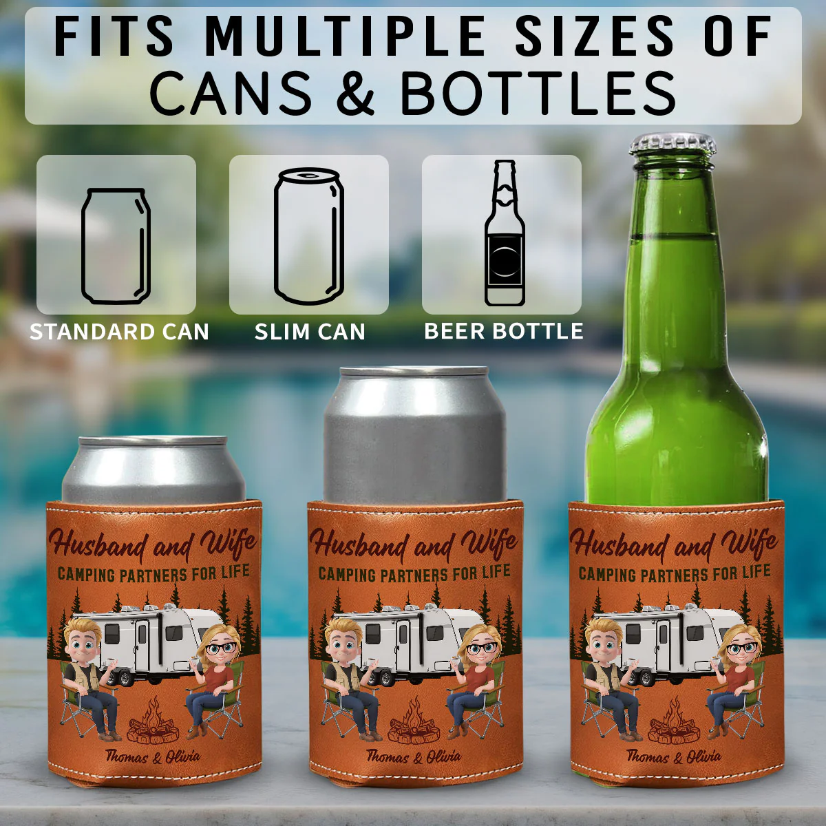 Camping Together For Life - Personalized Custom Leather Can Cooler Holder - Image 4
