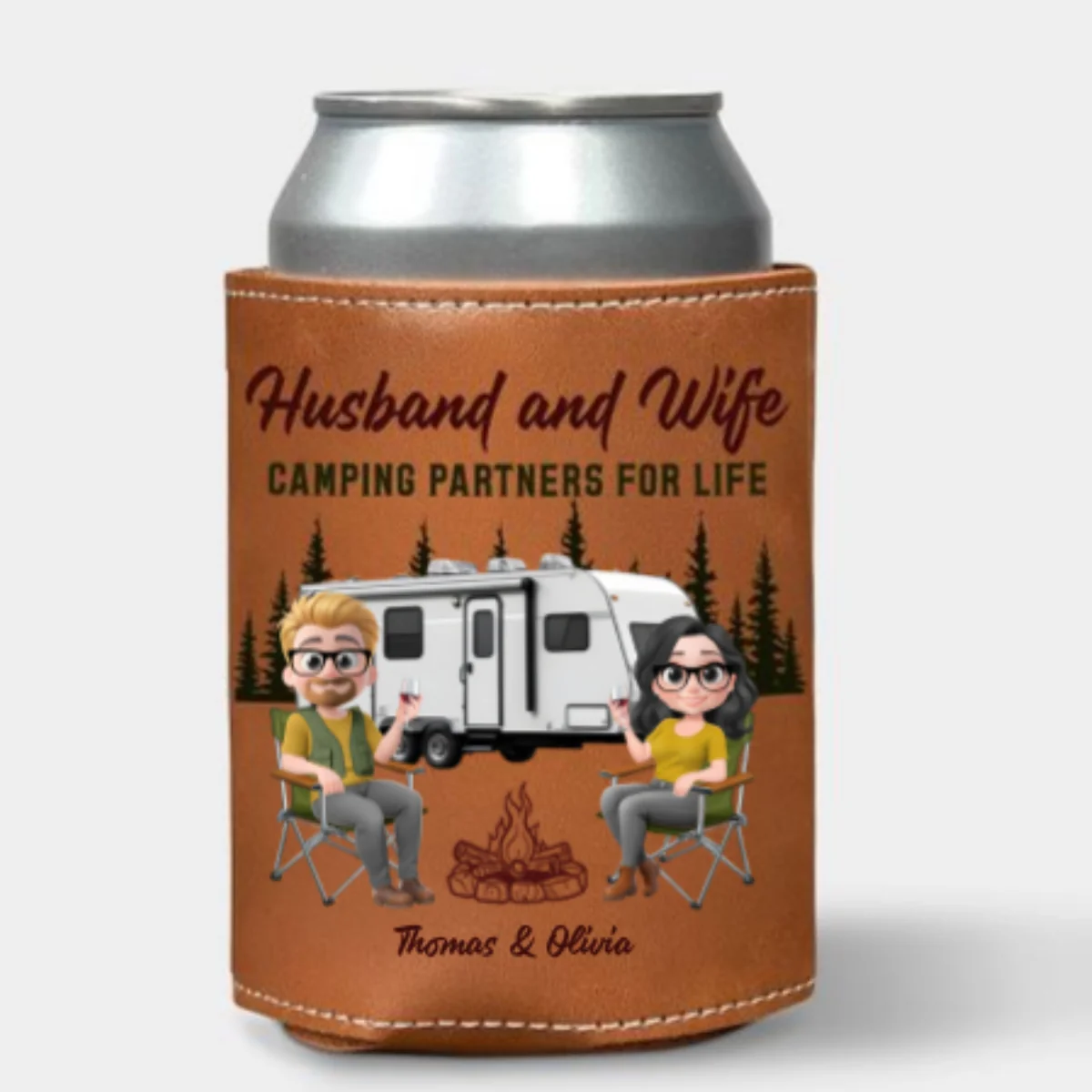 Camping Together For Life - Personalized Custom Leather Can Cooler Holder - Image 6