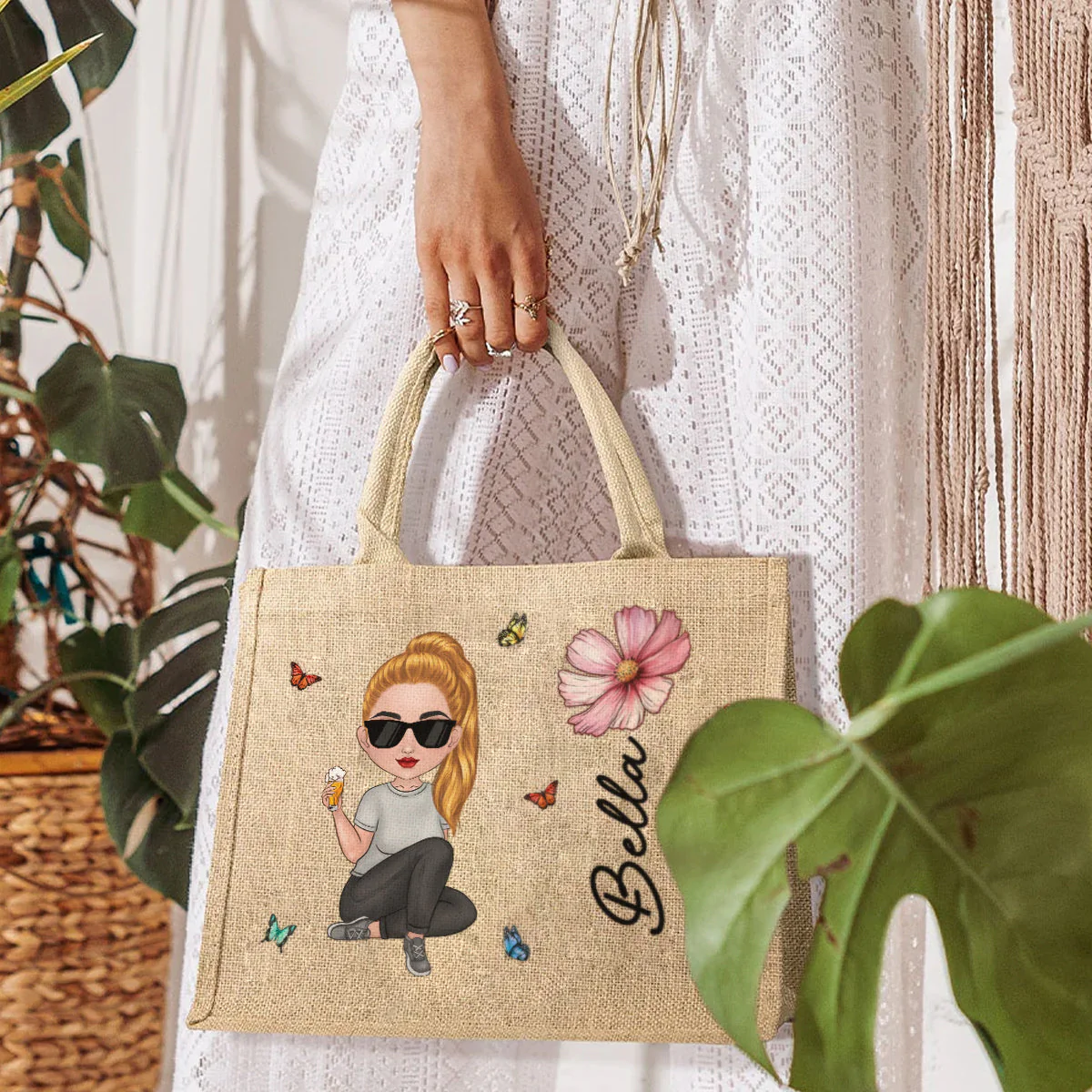 Cartoon Bloom Girl Charm 3 - Personalized Custom Jute Tote Bag - Image 4