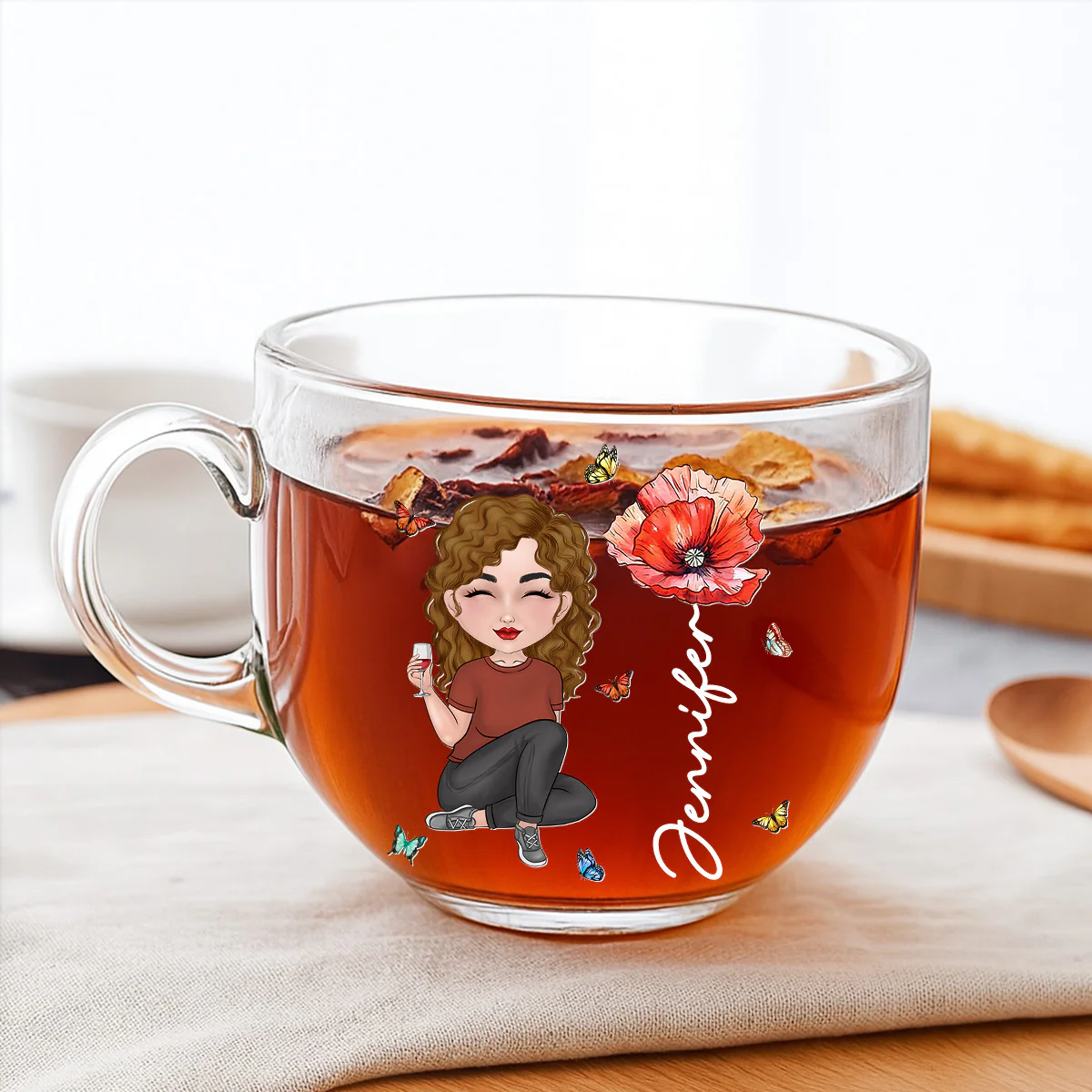 Cartoon Bloom Girl Charm - Personalized Custom Glass Tea Cup - Image 2