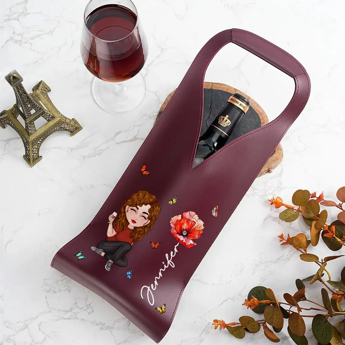 Cartoon Bloom Girl Charm - Personalized Custom Leather Wine Bag - Image 3