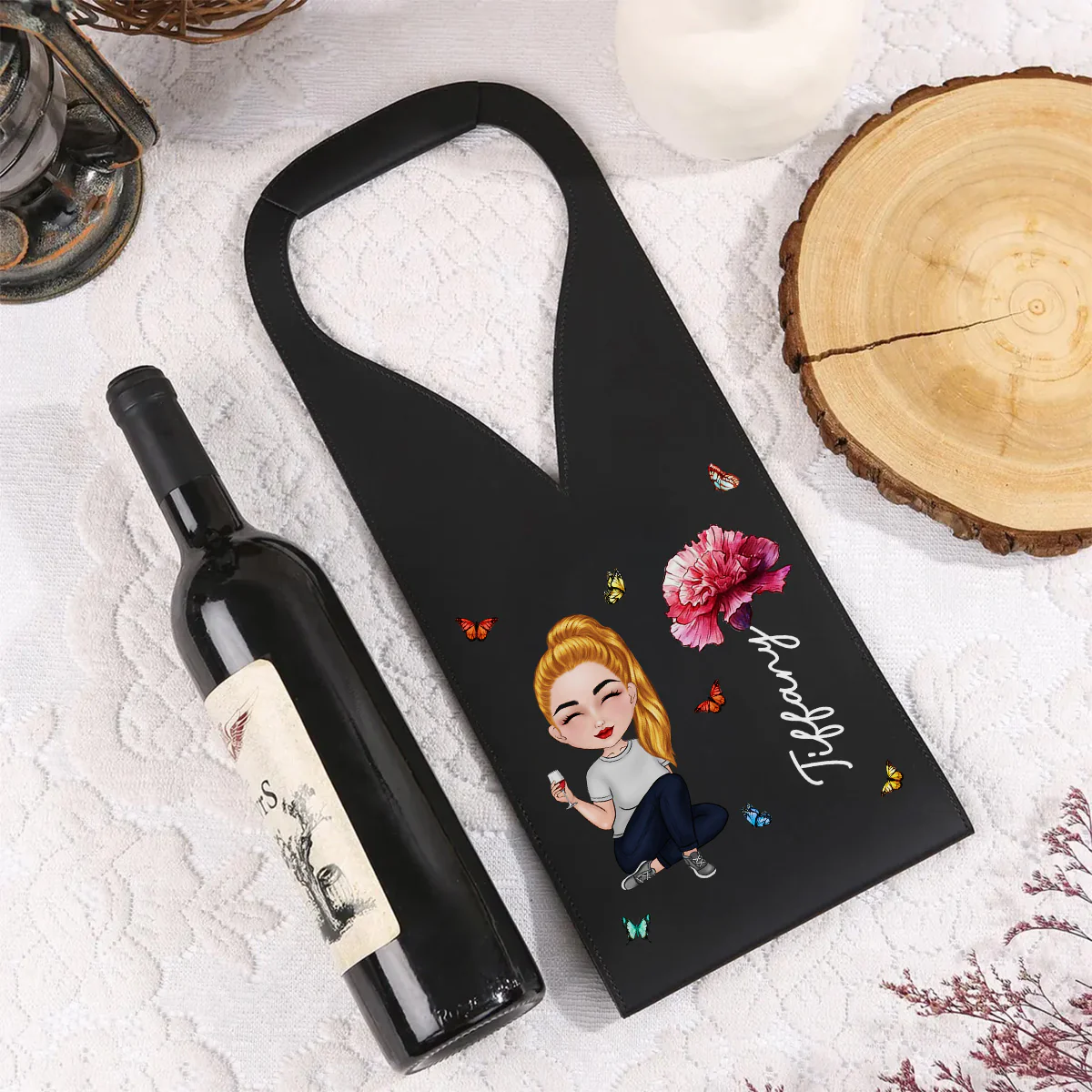 Cartoon Bloom Girl Charm - Personalized Custom Leather Wine Bag - Image 4