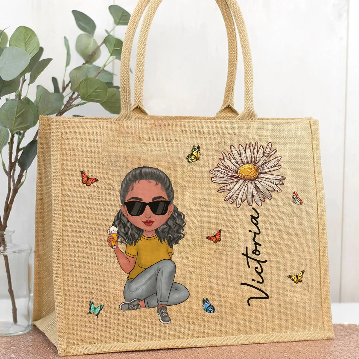 Cartoon Bloom Girl Charm Version 2 - Personalized Custom Jute Tote Bag - Image 2