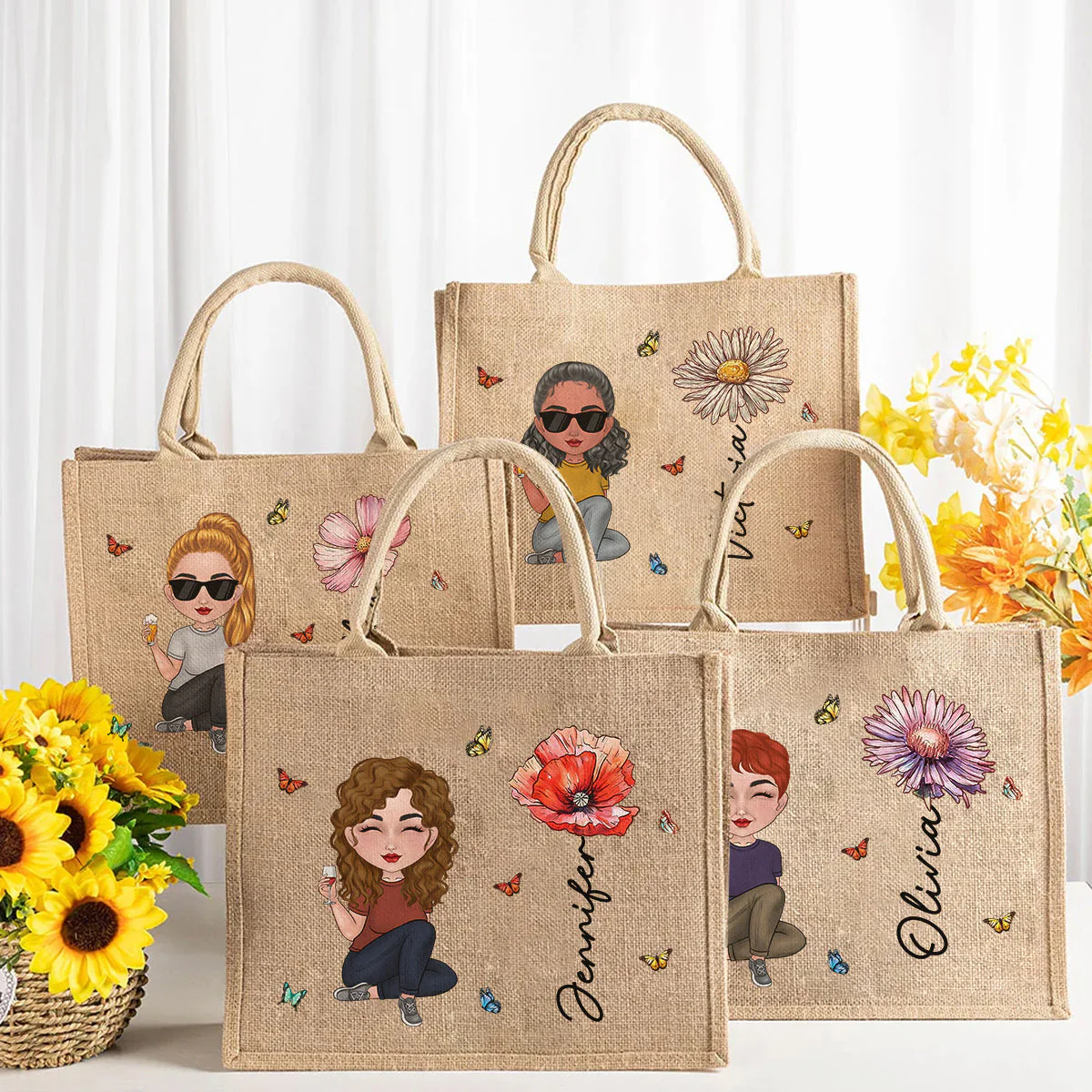 Cartoon Bloom Girl Charm Version 2 - Personalized Custom Jute Tote Bag - Image 5