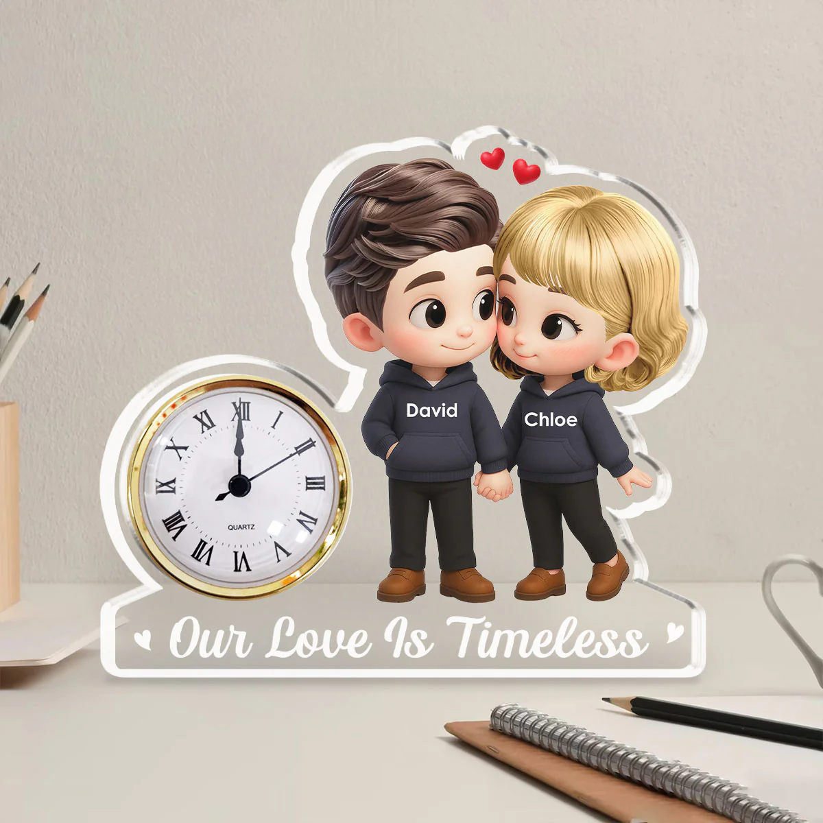 Cartoon Couple Holding Hands - Personalized Custom Acrylic Desk Clock Plaque - Image 4