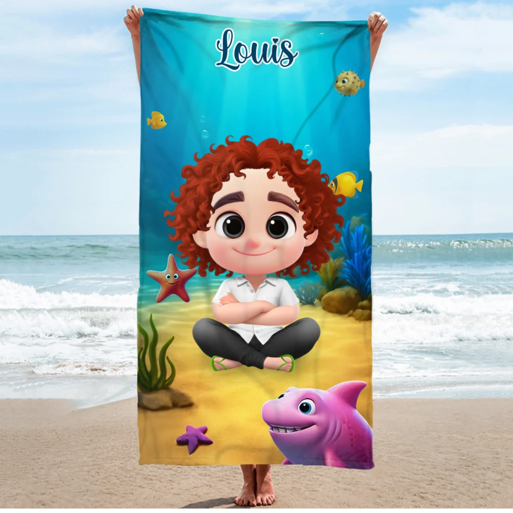 Cartoon Kid Character Marine - Personalized Custom Beach Towel - Image 4