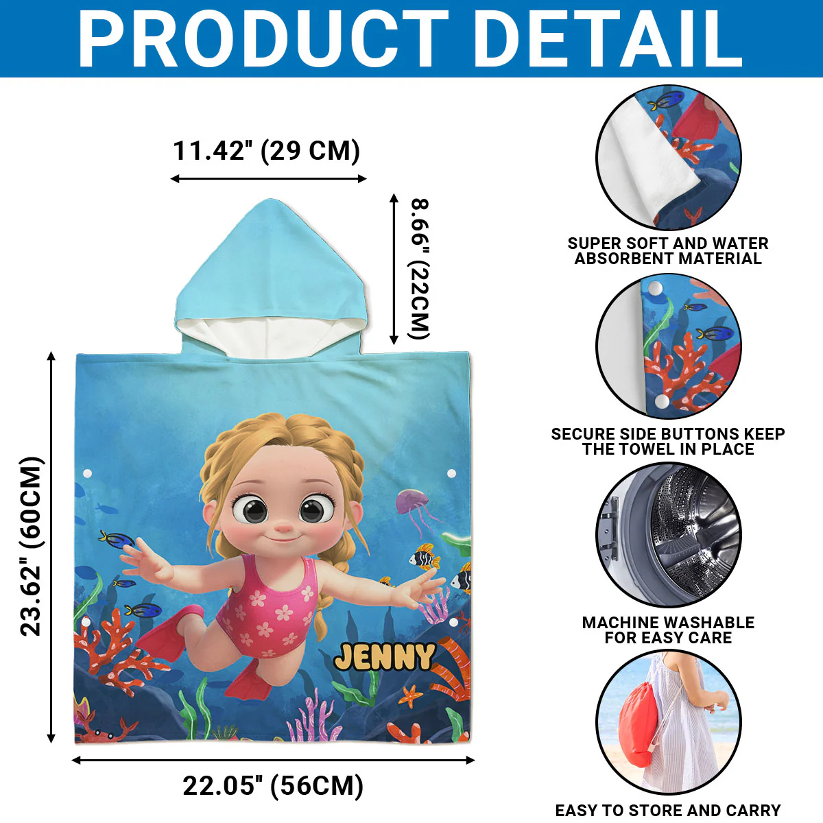 Cartoon Kid Character MarineĀ - Personalized Custom Hooded Beach Towel - Image 6