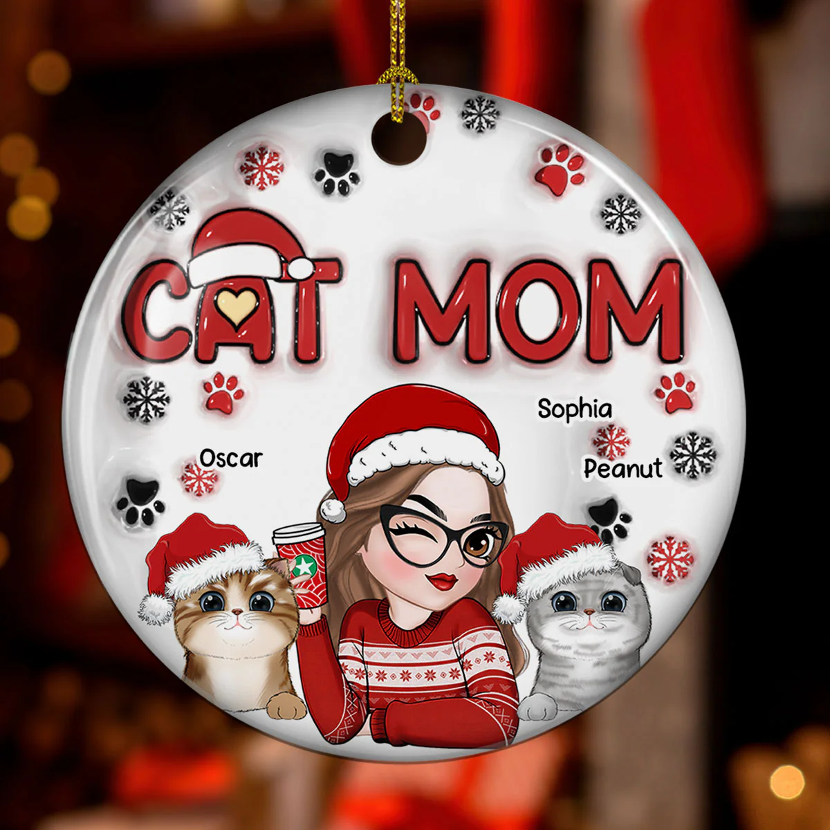Cat Mom Christmas - Personalized Custom 3D Inflated Effect Ceramic Ornament - Image 2