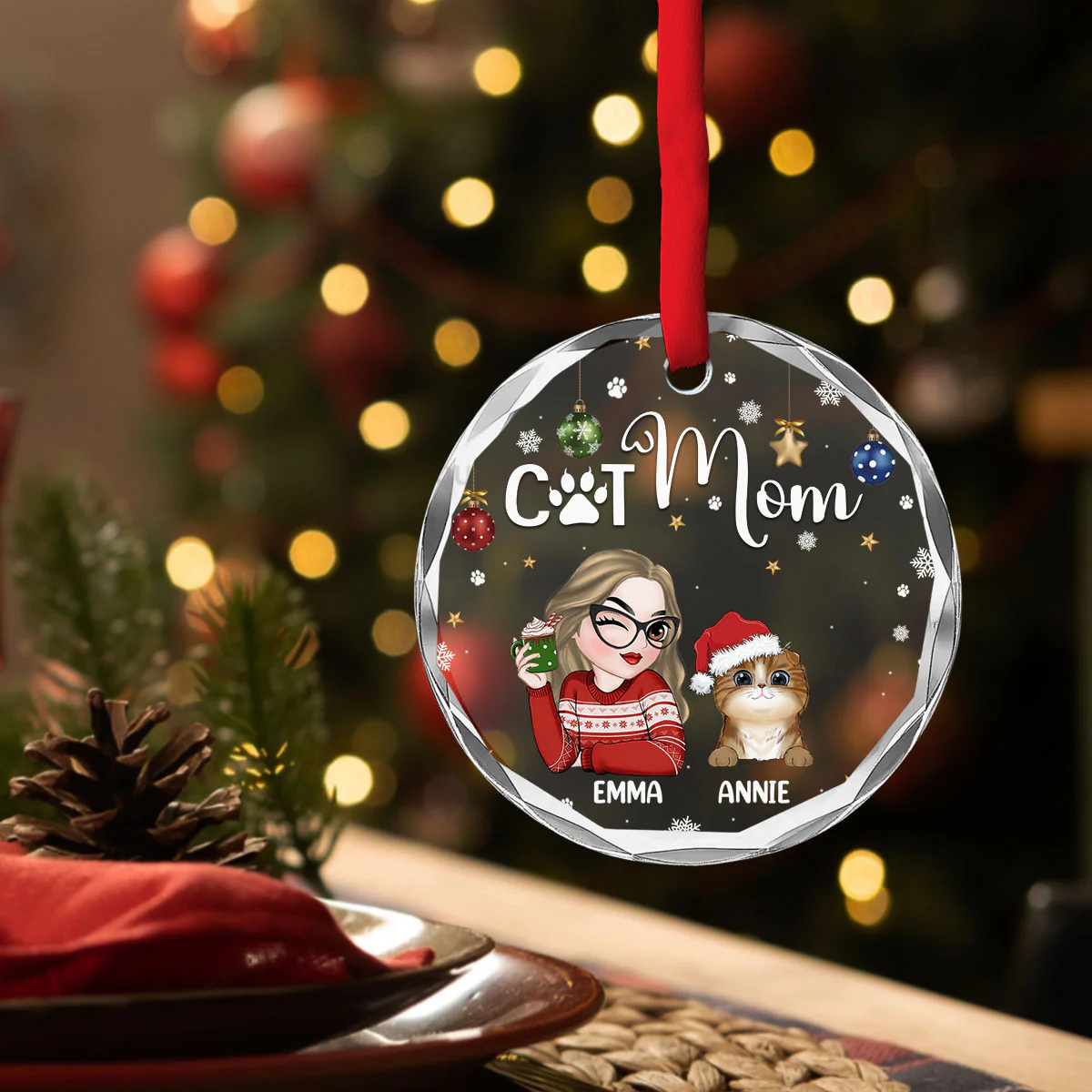 Cat Mom - Personalized Custom Glass Ornament - Image 2