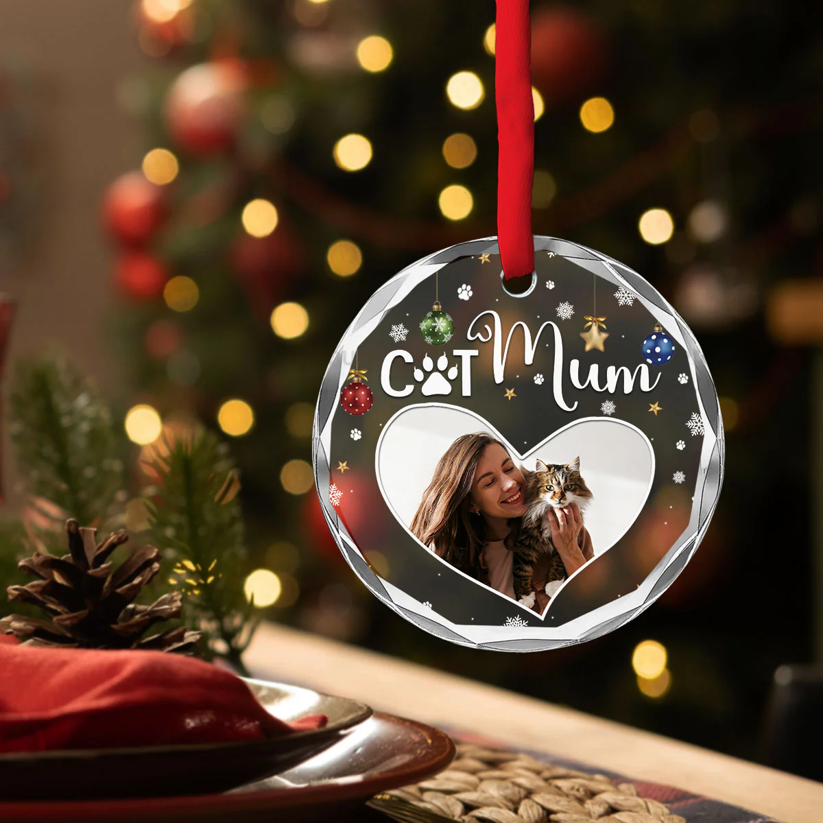 Cat Mom Photo - Personalized Custom Glass Ornament - Image 2