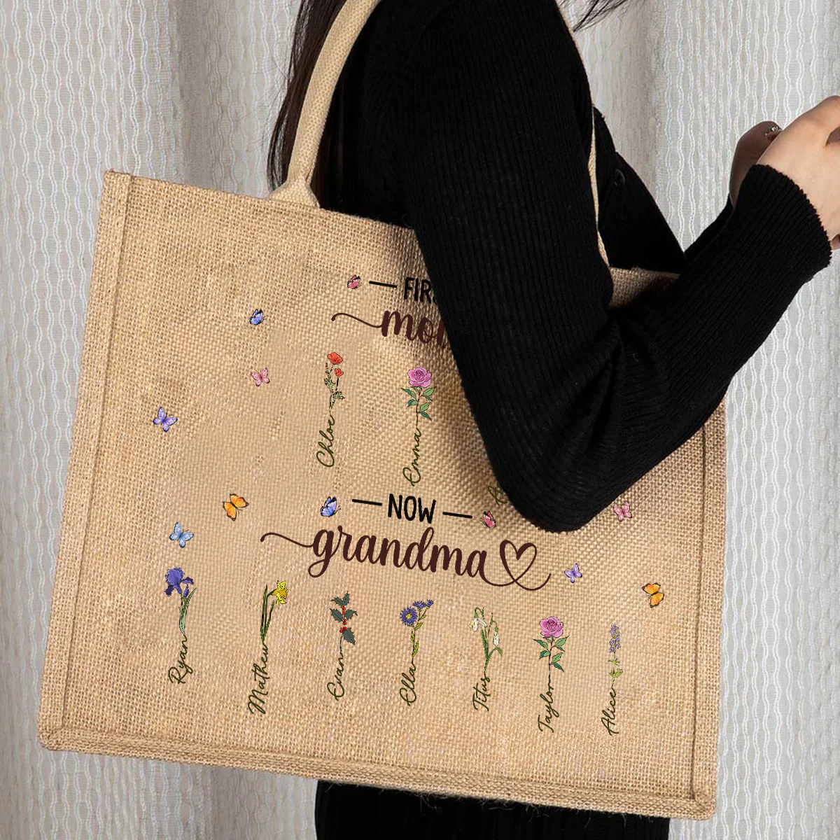 Charming Flowers Of Grandma - Personalized Custom Jute Tote Bag - Image 2