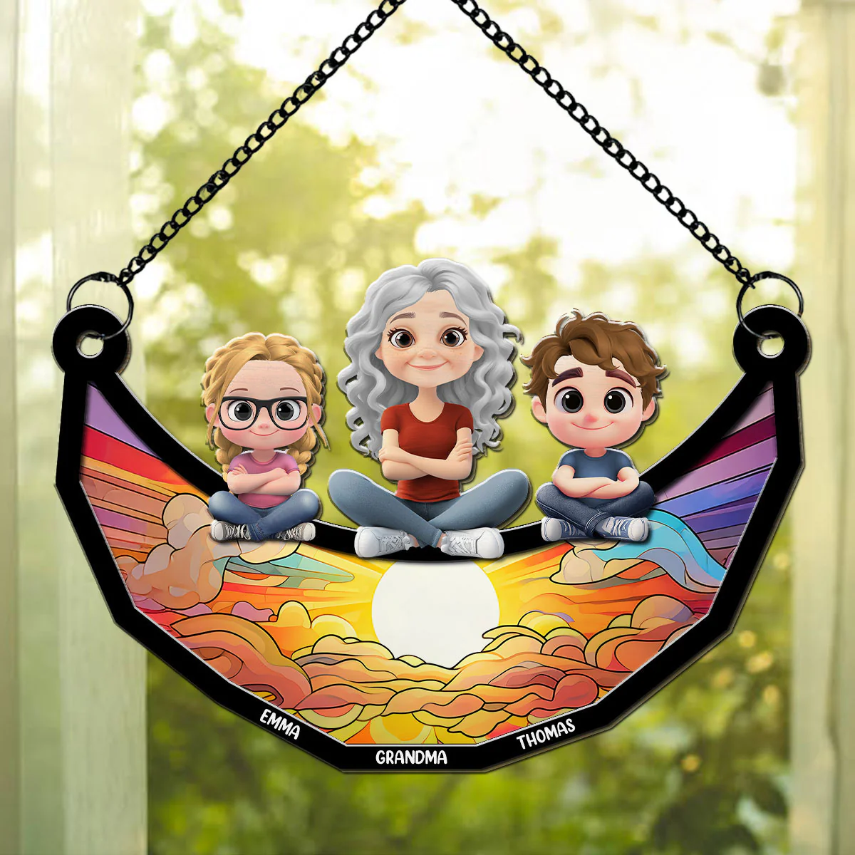 Children Grandma Mom Sitting On The Moon - Personalized Custom Suncatcher - Image 3