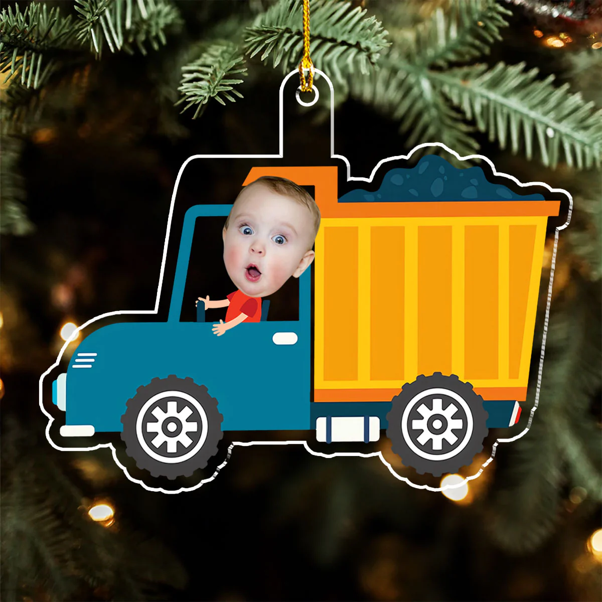 Christmas Boy Riding Construction Vehicle - Personalized Custom Acrylic Ornament - Image 4