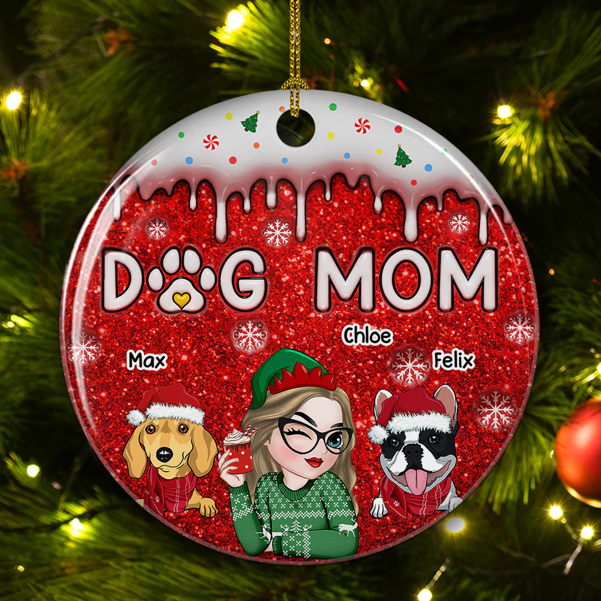 Christmas Dog Mom - Personalized Custom 3D Inflated Effect Ceramic Ornament - Image 2