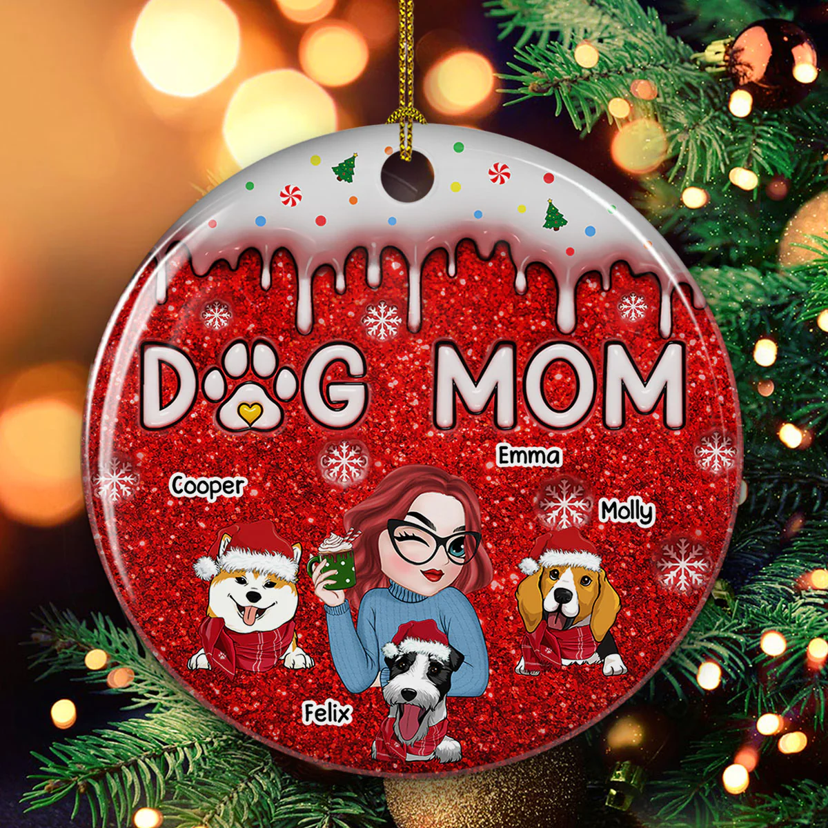 Christmas Dog Mom - Personalized Custom 3D Inflated Effect Ceramic Ornament - Image 3