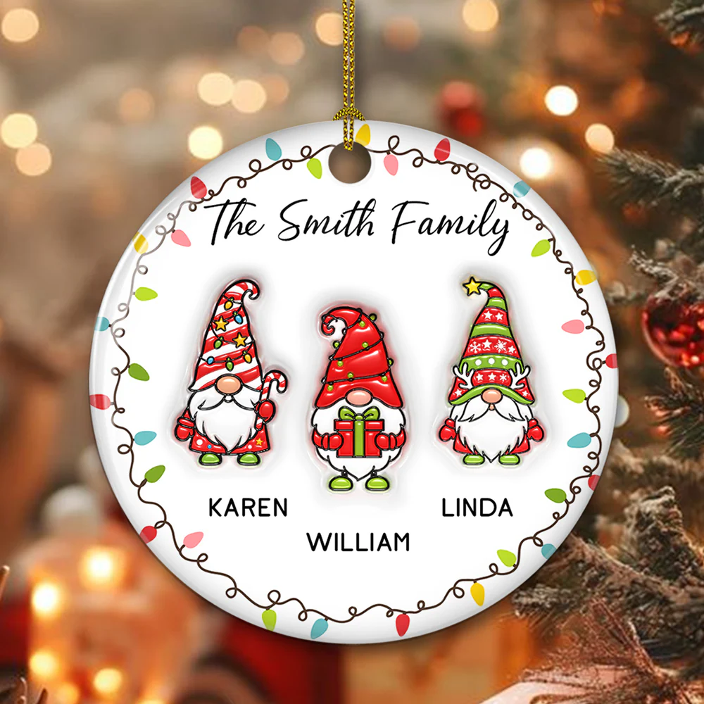 Christmas Gnomes Family - Personalized Custom 3D Inflated Effect Ceramic Ornament - Image 4
