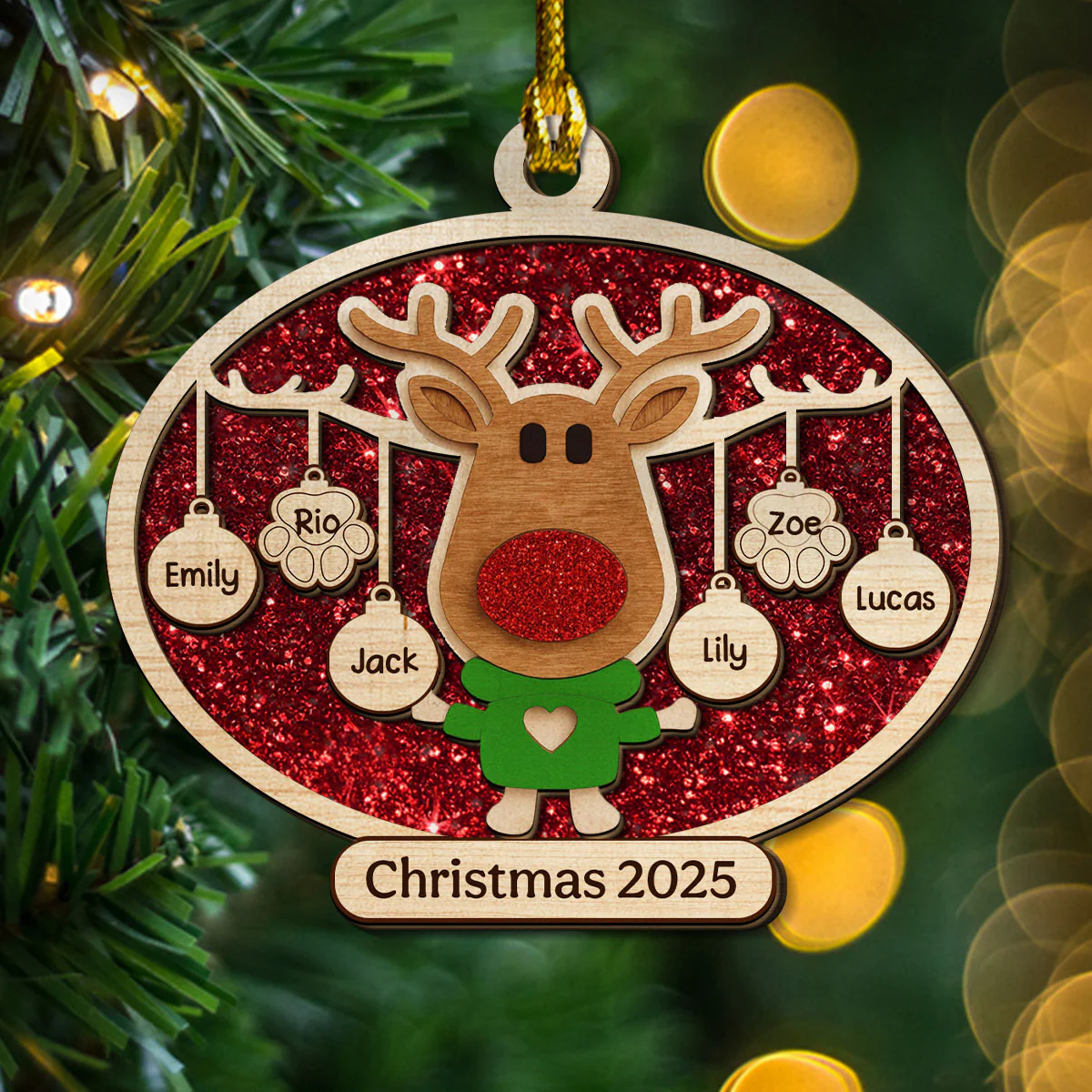 Christmas Reindeer Family Forever - Personalized Custom 2-layered Wood Ornament - Image 3