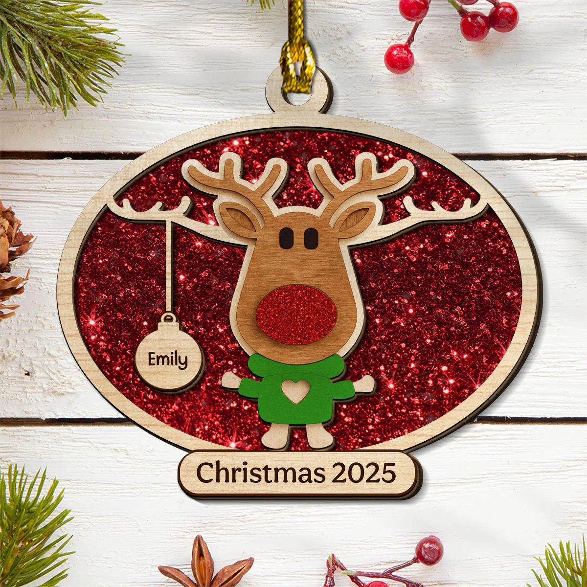 Christmas Reindeer Family Forever - Personalized Custom 2-layered Wood Ornament - Image 5