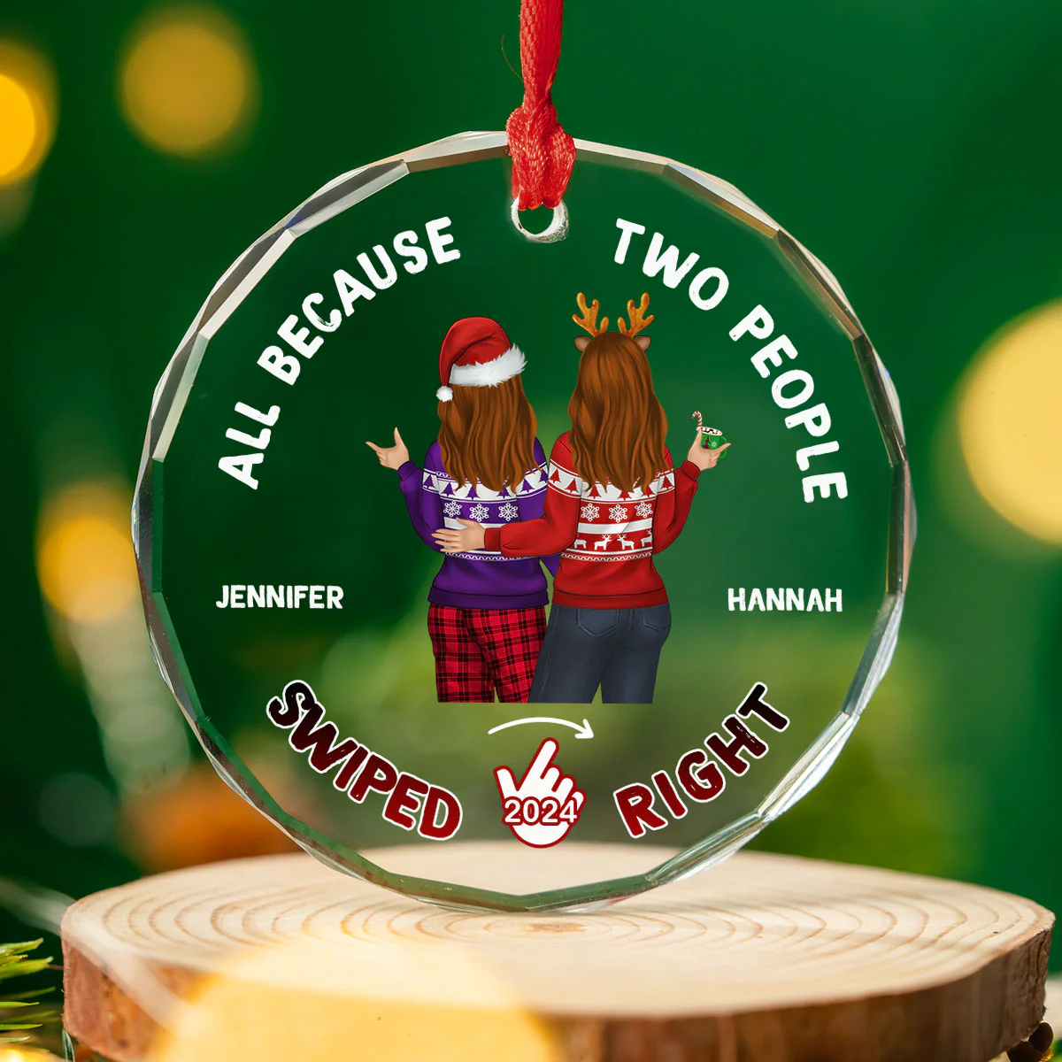 Two People Swiped Right - Personalized Custom Glass Ornament - Image 2