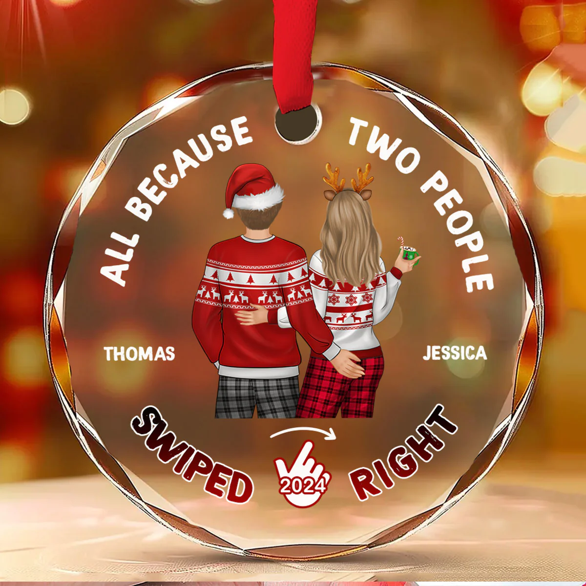 Two People Swiped Right - Personalized Custom Glass Ornament - Image 3
