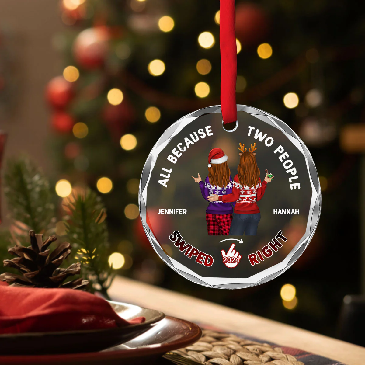 Two People Swiped Right - Personalized Custom Glass Ornament - Image 4