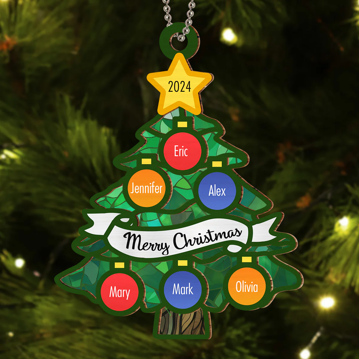 Christmas Tree Family Name - Personalized Custom Suncatcher Ornament - Image 2