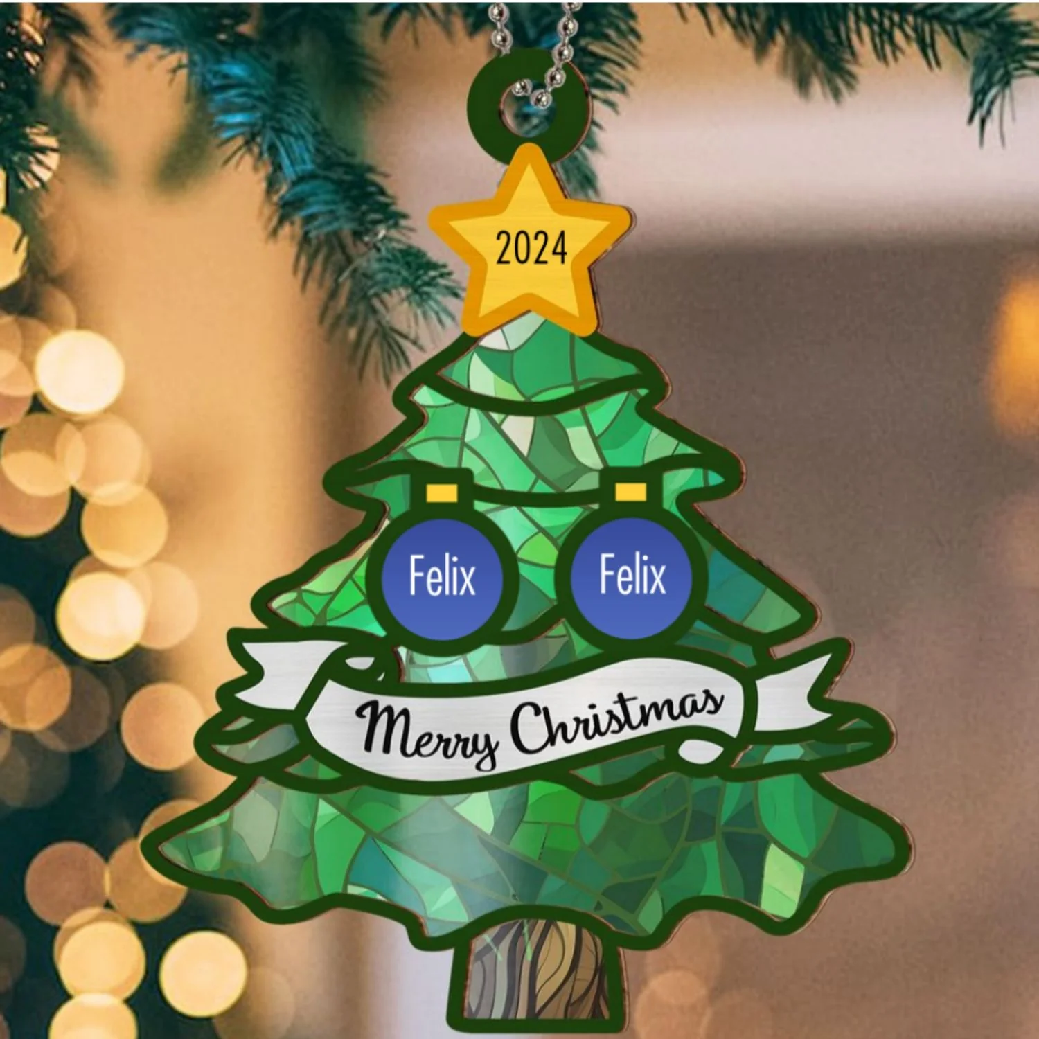 Christmas Tree Family Name - Personalized Custom Suncatcher Ornament - Image 5