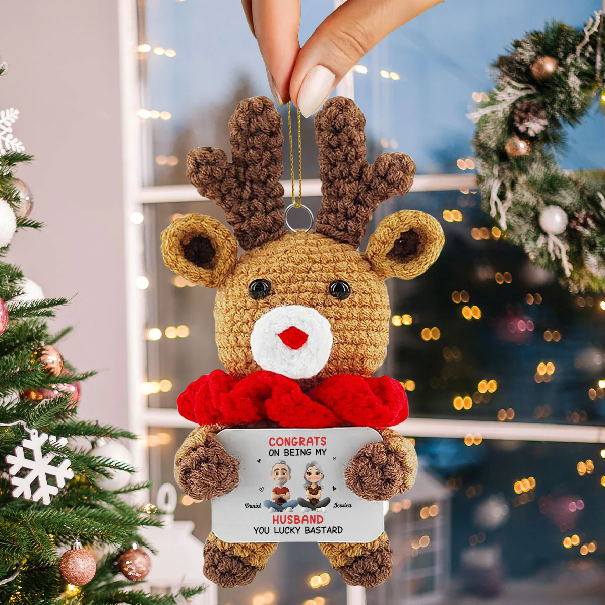 Congrats My Husband - Personalized Custom Deer Crocheted Ornament - Image 3