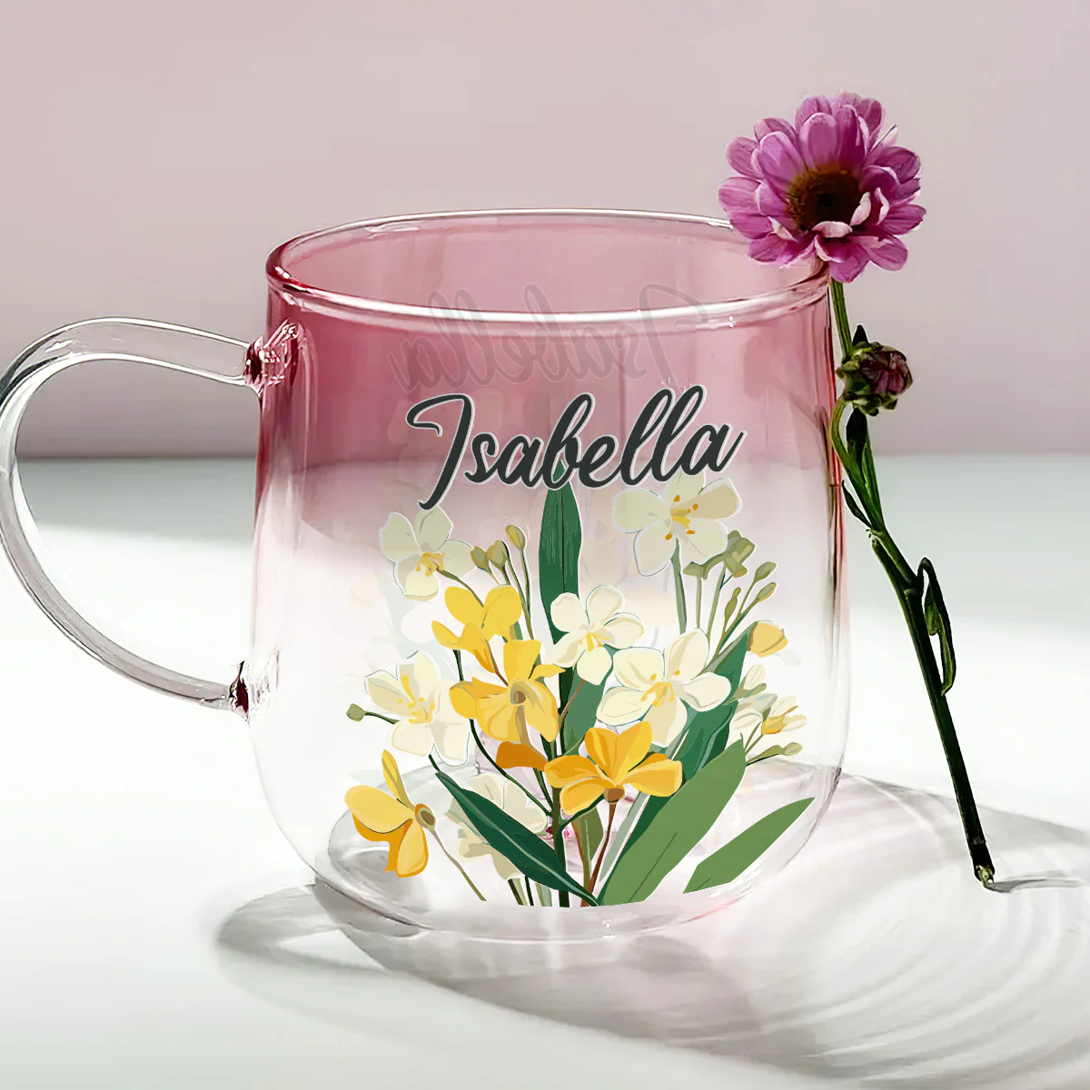 Custom Name Birth Month Flowers - Personalized Custom Pink Gradient Glass Mug - Image 2