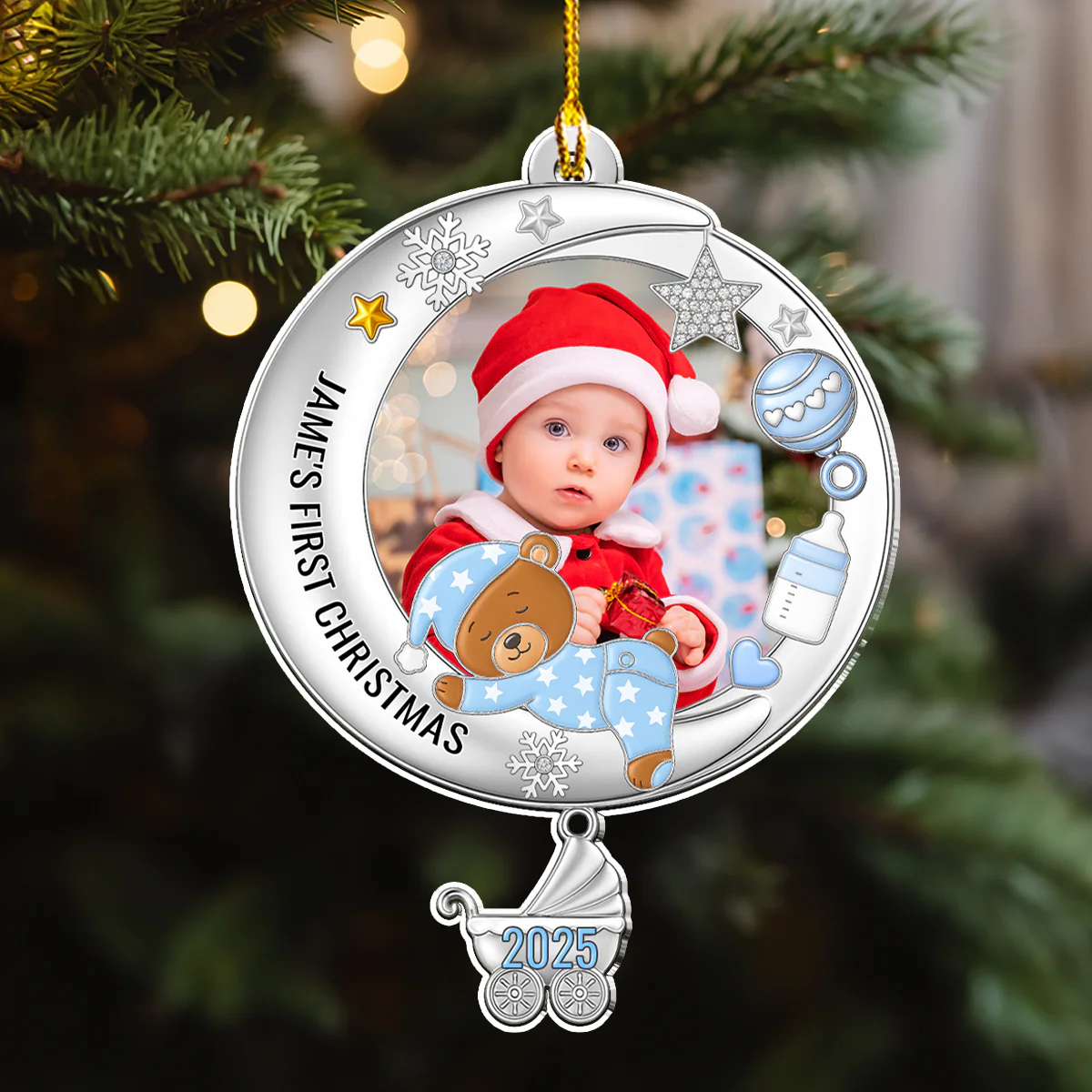 Cute Baby In The Moon Christmas - Personalized Custom Acrylic Ornament - Image 2
