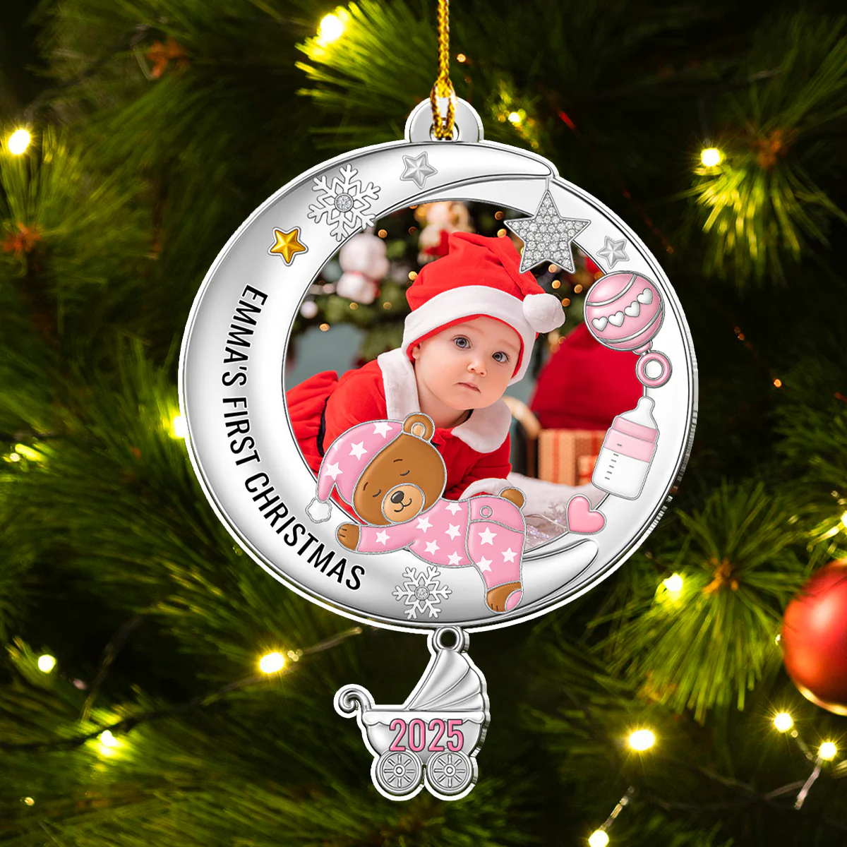 Cute Baby In The Moon Christmas - Personalized Custom Acrylic Ornament - Image 3
