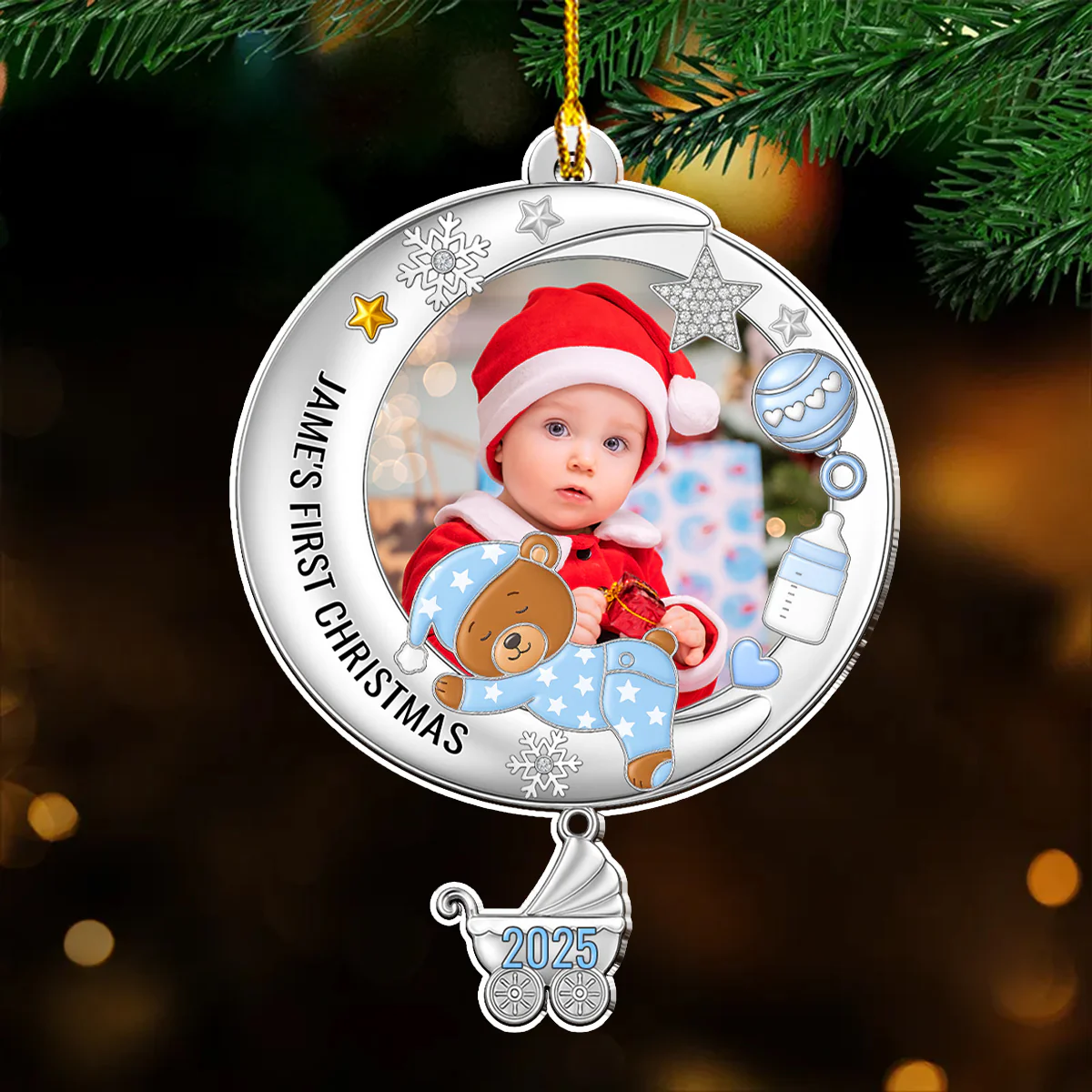 Cute Baby In The Moon Christmas - Personalized Custom Acrylic Ornament - Image 4
