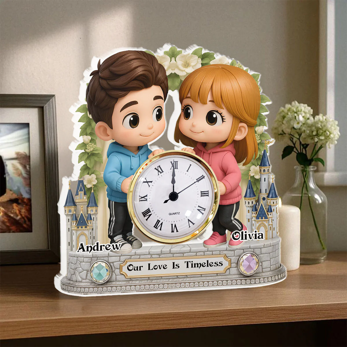 Cute Cartoon Couple - Personalized Custom Acrylic Desk Clock Plaque - Image 3