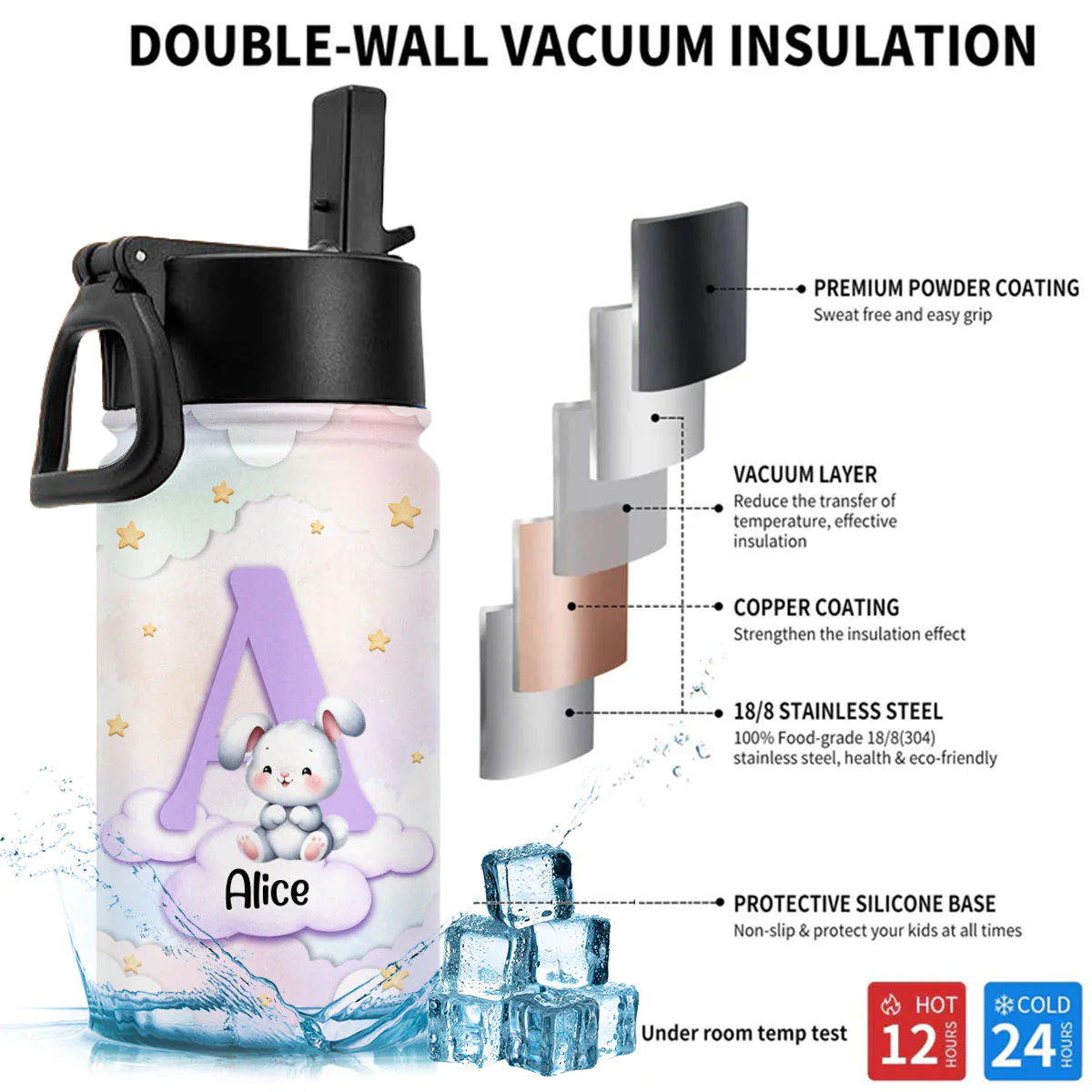 Cute Cartoon Rabbit - Personalized Custom Kids Water Bottle - Image 3