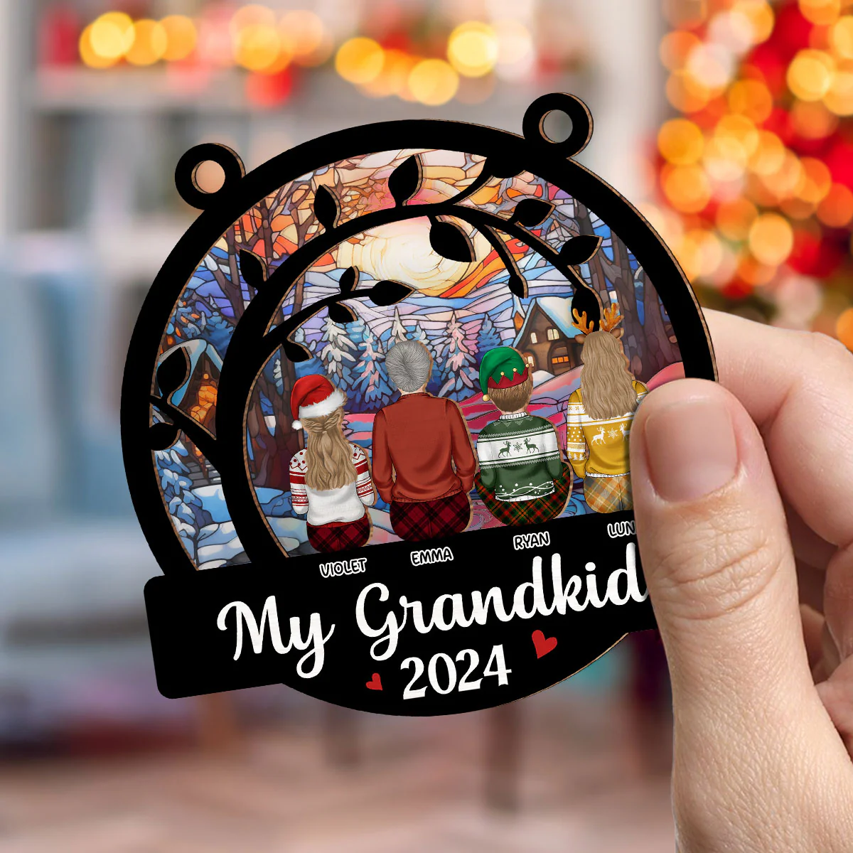 Cute Grandkids Christmas - Personalized Custom Suncatcher Ornament - Image 3