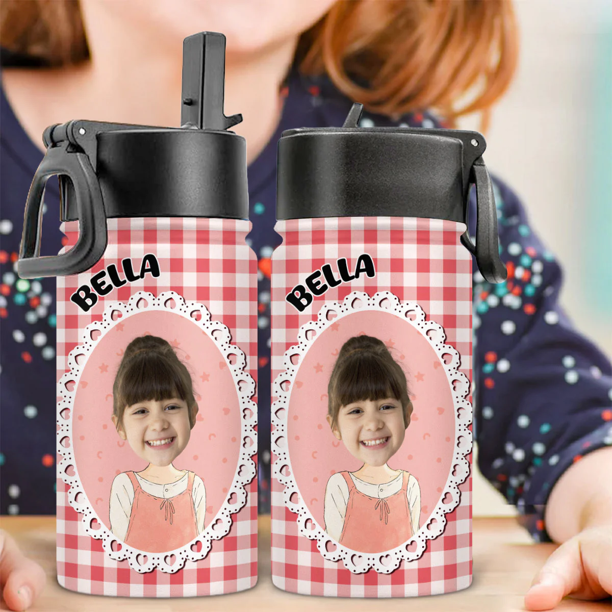 Cute Kid In Red - Personalized Custom 3D Inflated Effect Kids Water Bottle - Image 2