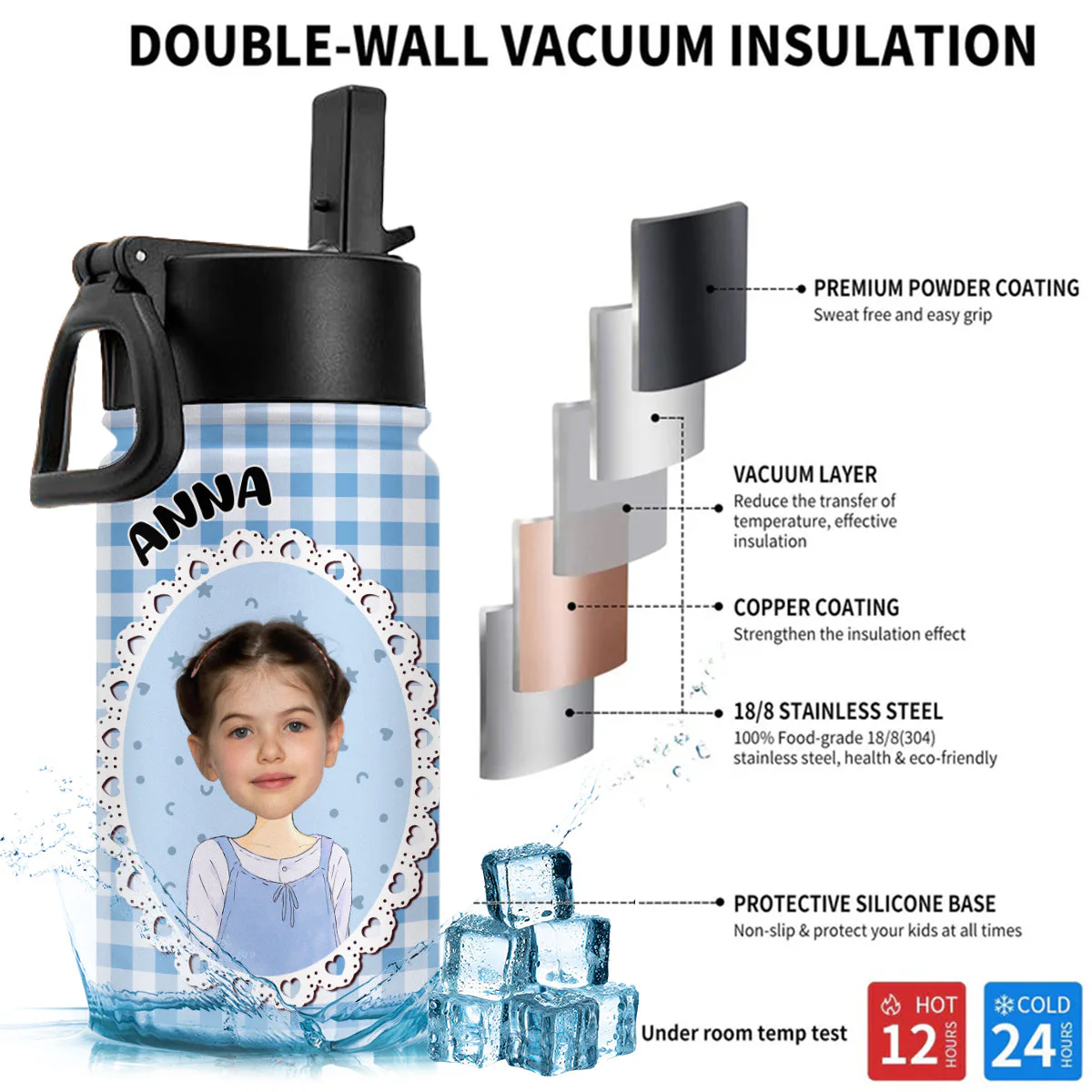 Cute Kid In Red - Personalized Custom 3D Inflated Effect Kids Water Bottle - Image 5