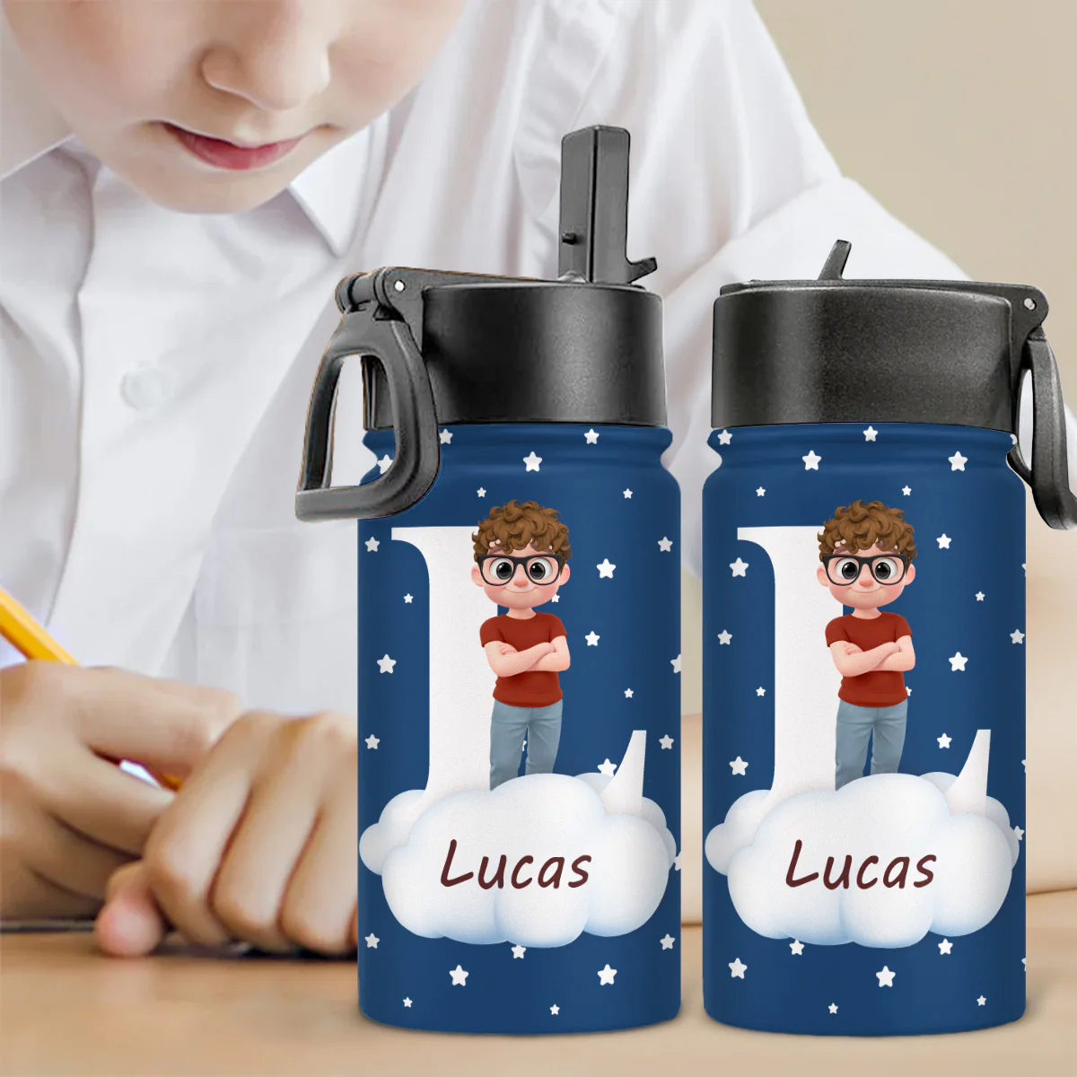 Cute Kid With Cloudy - Personalized Custom Kids Water Bottle - Image 2