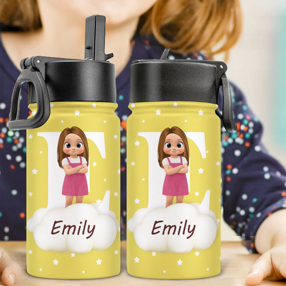Cute Kid With Cloudy - Personalized Custom Kids Water Bottle - Image 3