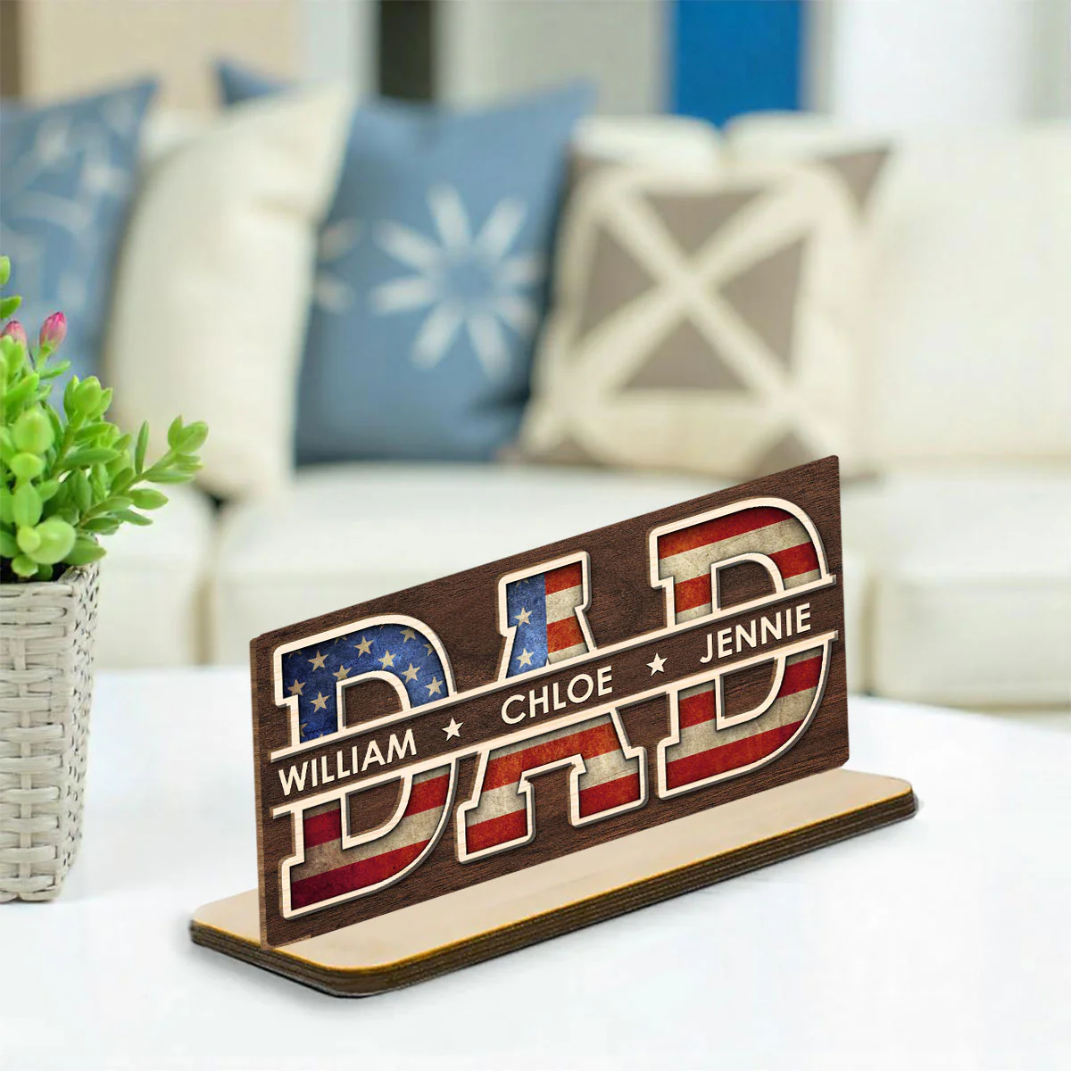 Dad America - Personalized Custom 2-Layer Wood Plaque With Flat Base - Image 3