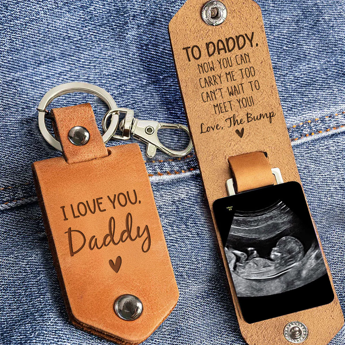 Daddy Cant Wait To Meet You From The Bump - Personalized Leather Photo Keychain - Image 2