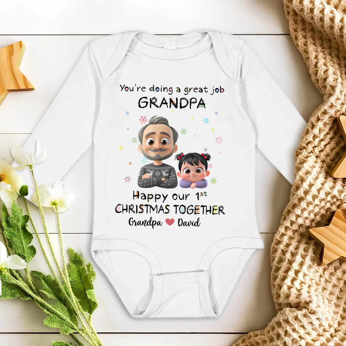 Daddy Is Doing A Great Job Cartoon Christmas - Personalized Custom Long Sleeve Baby Onesie - Image 2