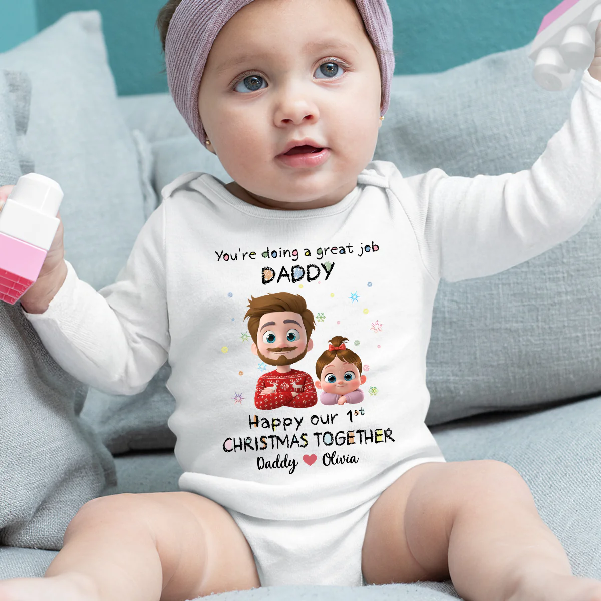 Daddy Is Doing A Great Job Cartoon Christmas - Personalized Custom Long Sleeve Baby Onesie - Image 5