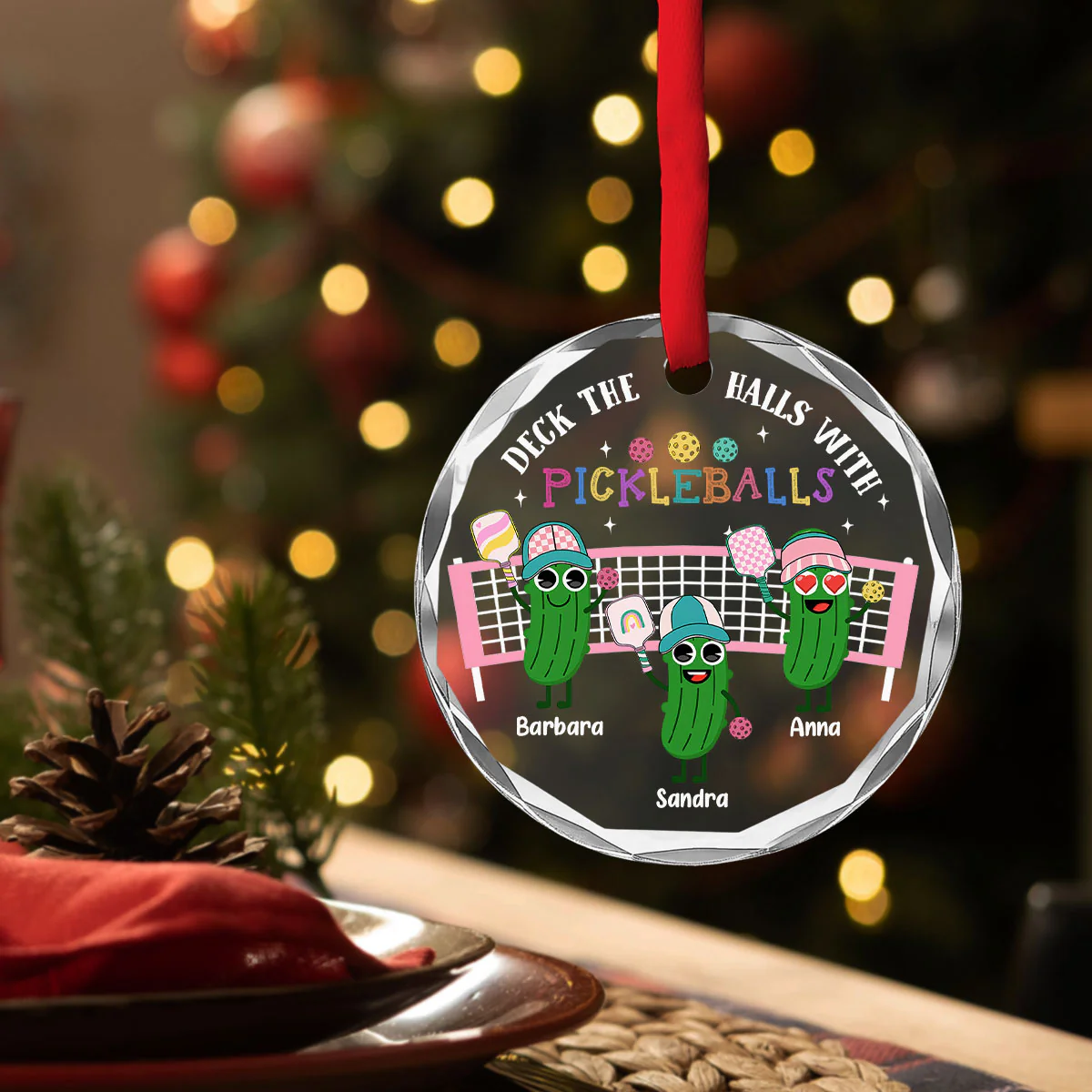Deck The Halls With Pickleballs - Personalized Custom Glass Ornament - Image 4