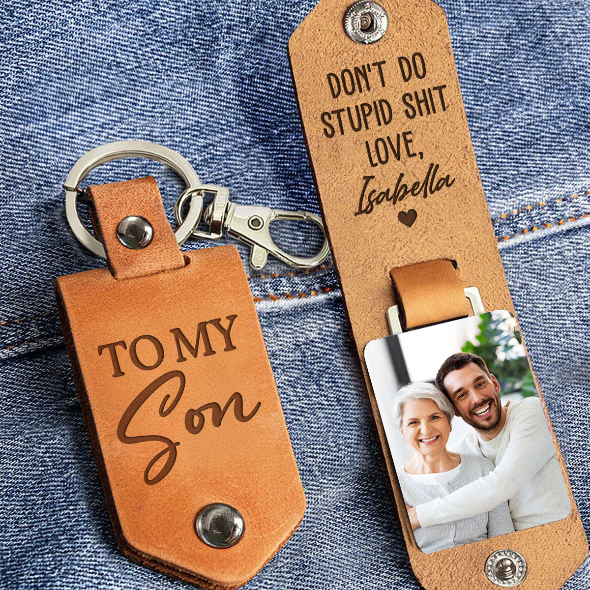 Do Not Do Bad Things - Personalized Leather Photo Keychain - Image 3