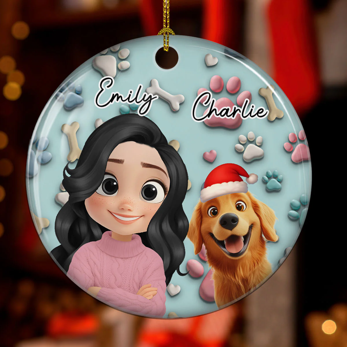 Dog And Human Cartoon - Personalized Custom 3D Effect Ceramic Ornament - Image 2