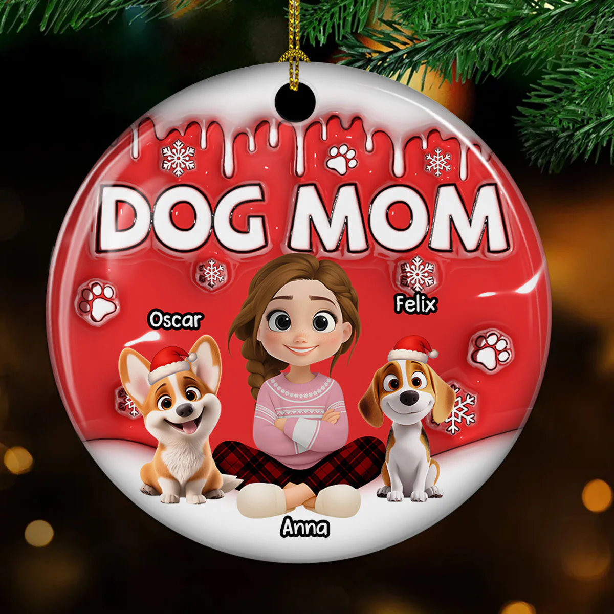 Dog Mom Cartoon In Christmas - Personalized Custom 3D Inflated Effect Ceramic Ornament - Image 2