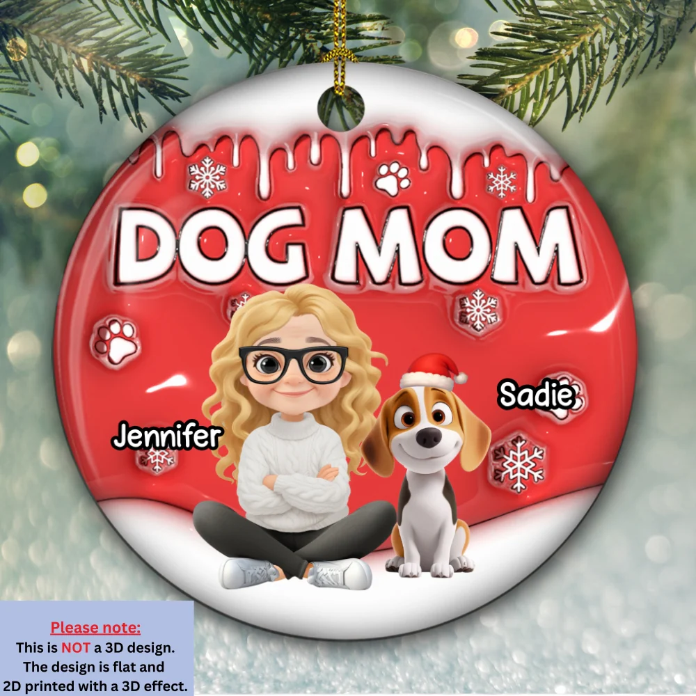 Dog Mom Cartoon In Christmas - Personalized Custom 3D Inflated Effect Ceramic Ornament - Image 5