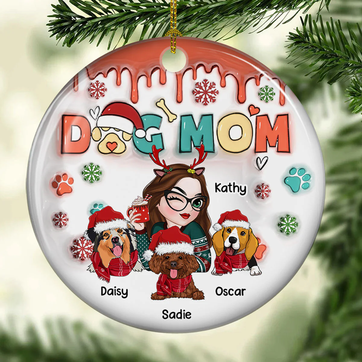 Dog Mom Christmas Paw - Personalized Custom 3D Inflated Effect Ceramic Ornament - Image 2